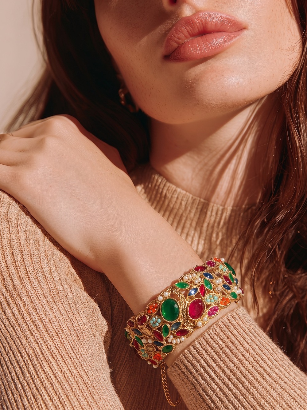 Gold Multi-stones Cuff Bracelet - Colorful Statement Bracelet